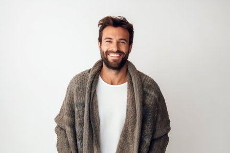 Portrait of a handsome young man in sweater and scarf smiling over white backgroundの素材