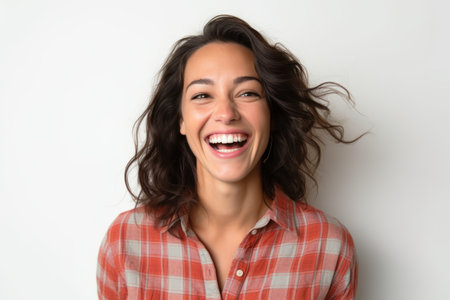 Portrait of a beautiful young woman laughing on a white background.の素材