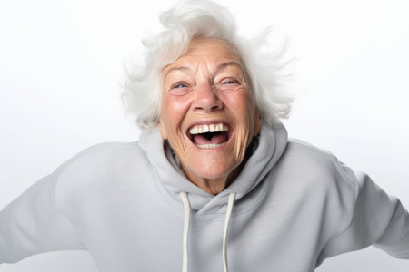 Elderly woman in a white sweatshirt on a white backgroundの素材
