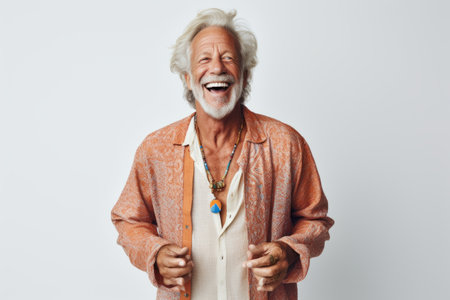 Portrait of a happy senior man laughing while standing against white backgroundの素材