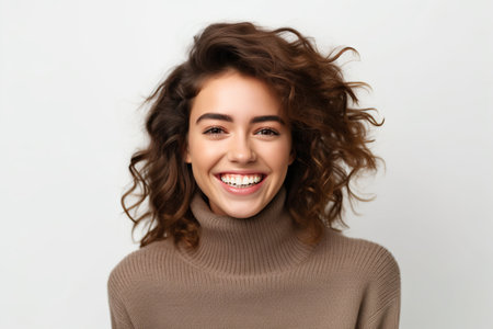 Portrait of a beautiful young woman with curly hair on a white backgroundの素材