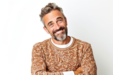 Portrait of a smiling middle-aged man on a white backgroundの素材