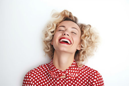 Portrait of beautiful young woman with curly blonde hair on white backgroundの素材