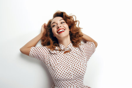 Portrait of a beautiful young woman with red curly hair in white polka dot dressの素材