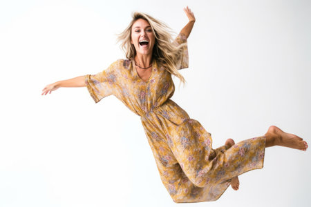 Happy blonde woman jumping and laughing on a white background in a studioの素材