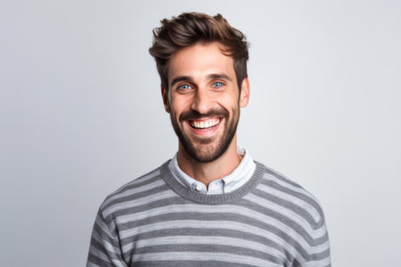 Portrait of a handsome young man laughing isolated on a white backgroundの素材