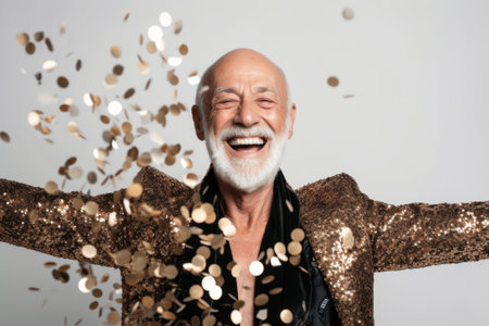 Portrait of a cheerful senior man throwing confetti isolated over white backgroundの素材