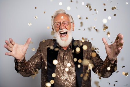 Portrait of a happy senior man throwing confetti isolated on a gray backgroundの素材