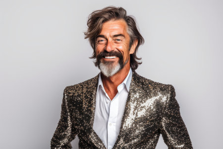 Handsome middle aged man with stylish hair posing in studio.の素材