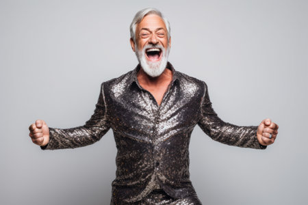 Portrait of a happy senior man dancing isolated on a gray backgroundの素材