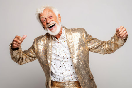 Portrait of a happy senior man in golden jacket on gray backgroundの素材