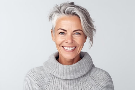 Portrait of a smiling mature woman in sweater isolated on a white backgroundの素材