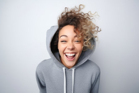 Portrait of a happy young woman with curly hair in hoodie on gray backgroundの素材