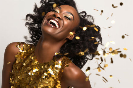 Beautiful african american woman with golden confetti on white backgroundの素材