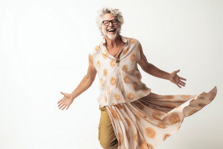 cheerful senior man dancing isolated on a white background in the studioの素材