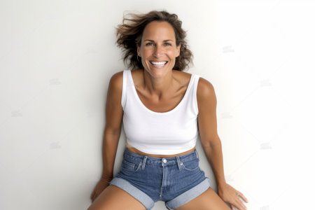 Portrait of a beautiful young woman sitting on the floor and smilingの素材