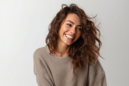 Portrait of beautiful young woman with healthy hair on white background.の素材