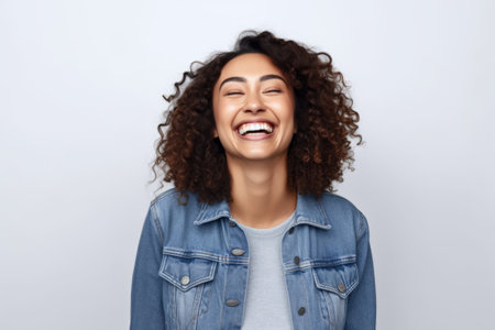 Portrait of a beautiful young woman laughing and looking at the cameraの素材