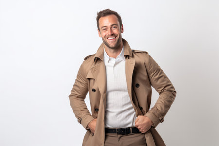 Portrait of a happy young man in trench coat on white backgroundの素材