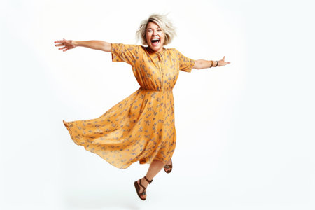 Full length portrait of a happy mature woman jumping isolated on a white backgroundの素材