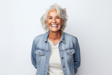Portrait of smiling senior woman in denim jacket standing against white backgroundの素材