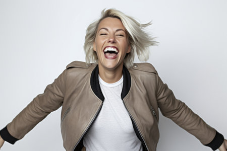 Portrait of a happy young woman laughing against a white background.の素材