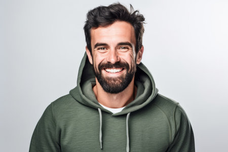 Portrait of a smiling man wearing hoodie isolated on a white backgroundの素材