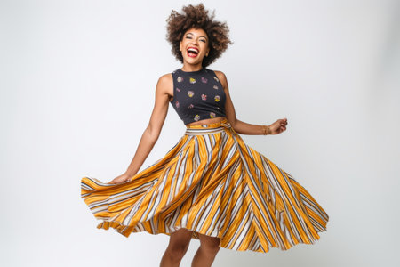 Full length portrait of a cheerful african american woman dancing isolated over white backgroundの素材