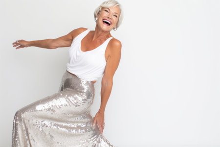 Portrait of a happy senior woman dancing against a white background.の素材