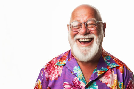 Portrait of a senior man with glasses and a colorful shirt.の素材