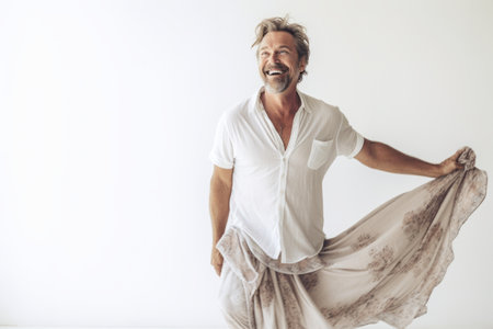 Handsome middle-aged man in casual clothes is dancing on white backgroundの素材