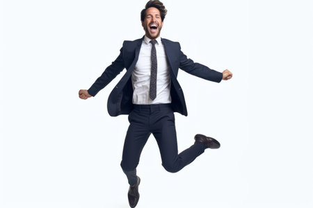 Portrait of a happy businessman jumping in the air isolated on a white backgroundの素材
