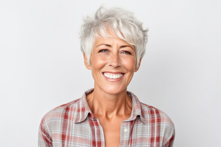 Portrait of a happy senior woman smiling at camera over white backgroundの素材