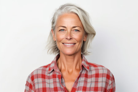 Portrait of a beautiful mature woman smiling at the camera on a white backgroundの素材