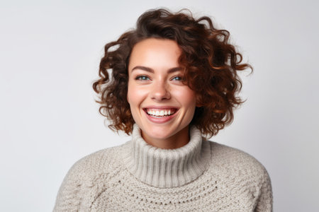 Portrait of beautiful young woman with curly hair smiling at camera.の素材