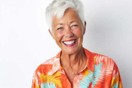 Portrait of a happy senior woman smiling at the camera on white backgroundの素材