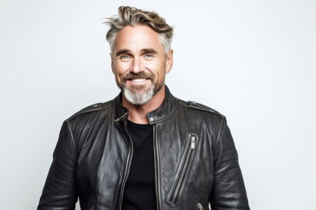 Portrait of a handsome mature man in leather jacket smiling over white backgroundの素材