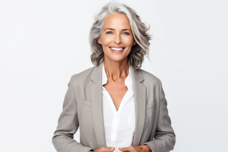 Portrait of a smiling senior businesswoman standing isolated over white backgroundの素材