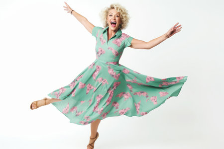 Full length portrait of happy senior woman in green dress jumping and laughingの素材
