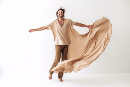 Full length portrait of a happy man dancing isolated on a white backgroundの素材