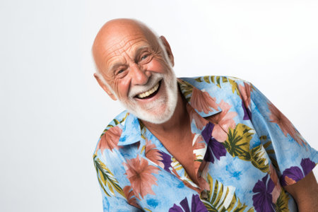 Portrait of a senior man in a summer shirt on a white backgroundの素材