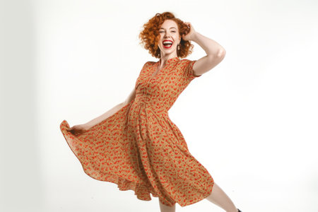 Portrait of a beautiful red-haired woman in a dress on a white backgroundの素材