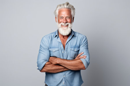Portrait of a smiling senior man standing with arms crossed against gray backgroundの素材