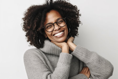 Portrait of a happy young african american woman in eyeglasses smilingの素材