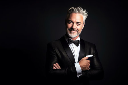 Handsome mature man in tuxedo with cigarette on black backgroundの素材