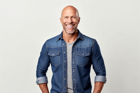 Portrait of happy mature man in casual clothes standing against white backgroundの素材