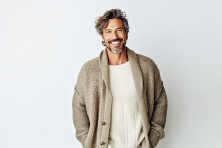 Handsome middle aged man with short hair laughing at camera while standing against white backgroundの素材