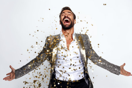 Image of a happy young man isolated over white wall background throwing confetti.の素材
