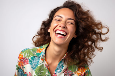 Portrait of a happy young woman laughing and looking up isolated on a white backgroundの素材