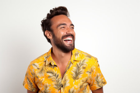 Portrait of a happy young man laughing against a white background.の素材